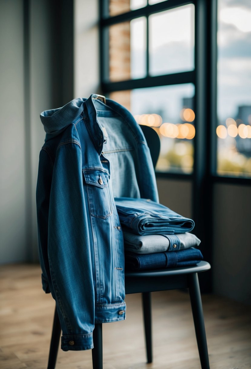 A denim jacket draped over a chair, with a pair of jeans folded neatly on top