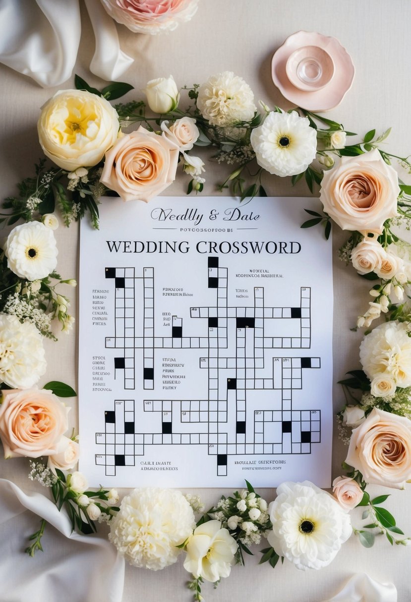 A wedding crossword puzzle with special dates and anniversaries, surrounded by elegant floral decorations and a romantic ambiance