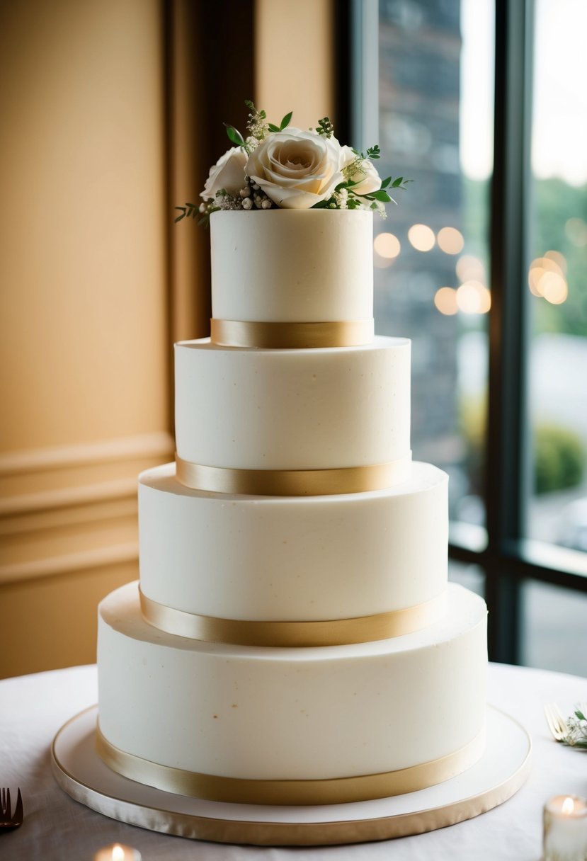 A four-tier wedding cake with elegant white frosting and gold accents