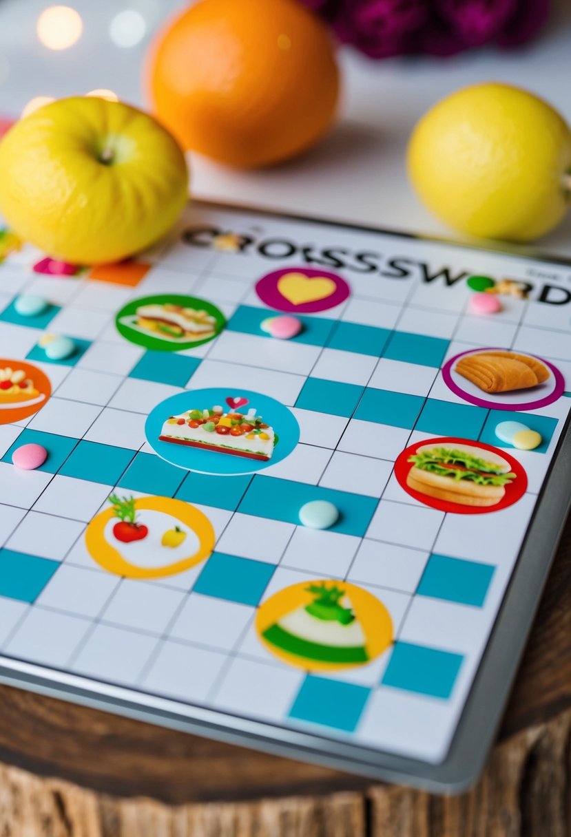 A colorful wedding crossword puzzle featuring favorite foods