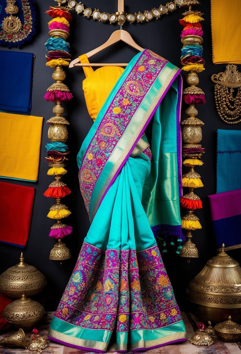 A vibrant traditional saree with intricate embroidery displayed on a hanger, surrounded by colorful fabric swatches and ornate accessories