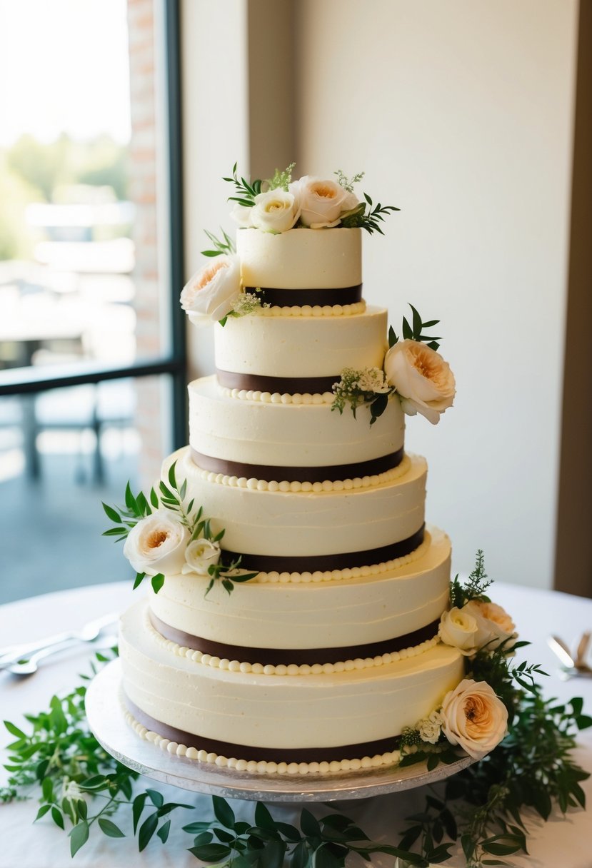 A four-tier wedding cake adorned with simple buttercream and fresh flowers