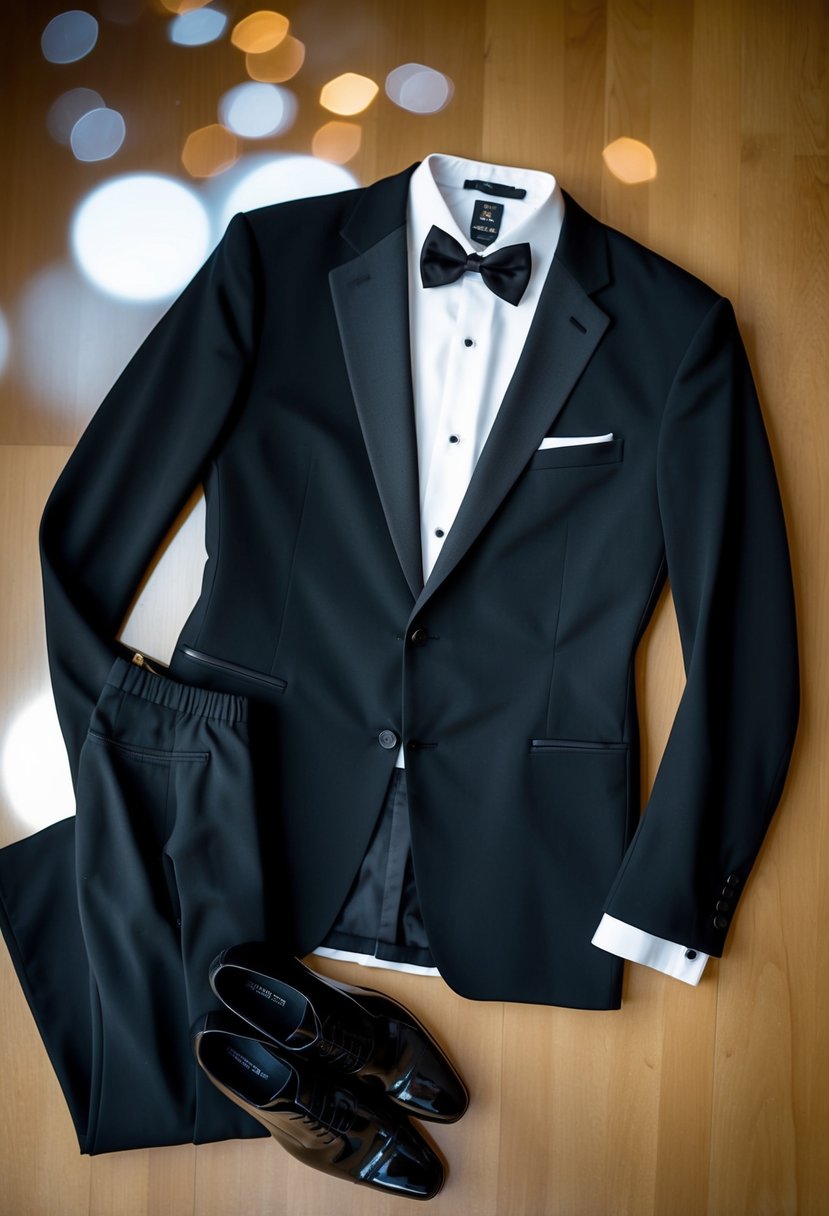 A sleek black tuxedo jacket and pants laid out on a crisp white shirt, with a black bowtie and shiny dress shoes nearby