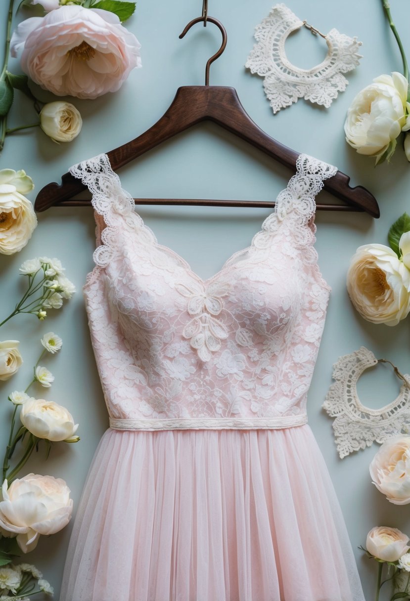 A delicate pastel lace dress hanging on a vintage wooden hanger, surrounded by soft, dreamy flowers and delicate lace accessories