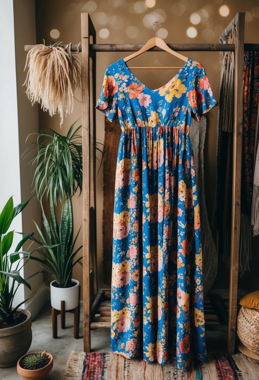 A colorful floral maxi dress hanging on a rustic wooden clothes rack in a bohemian-inspired setting with vintage rugs and potted plants