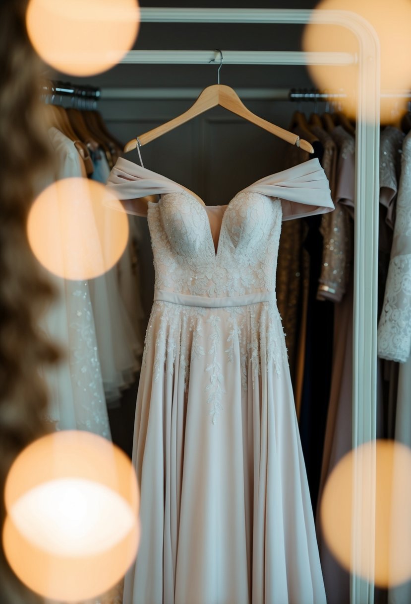 An elegant off-shoulder gown hanging on a vintage-style clothing rack, surrounded by soft, romantic lighting