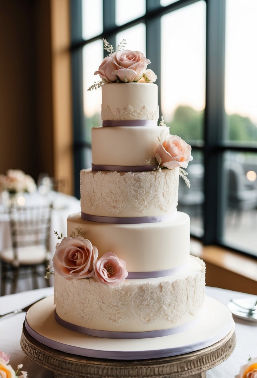 A four-tier wedding cake adorned with vintage lace design and delicate sugar roses