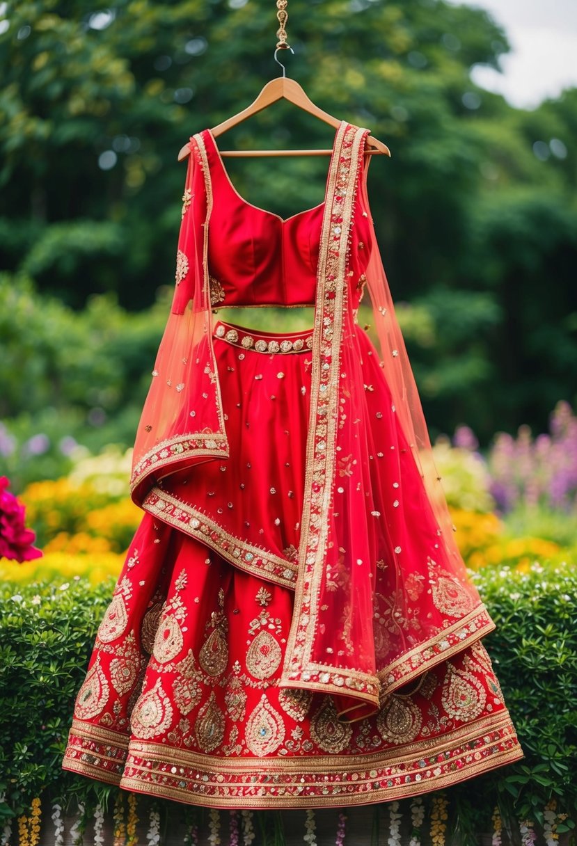 A vibrant red lehenga hanging on a golden hanger, adorned with intricate embroidery and shimmering details, set against a backdrop of lush greenery and colorful flowers