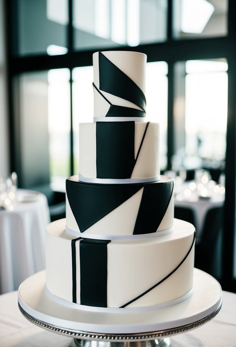 A sleek, four-tier wedding cake with modern geometric designs in black and white, featuring clean lines and bold shapes