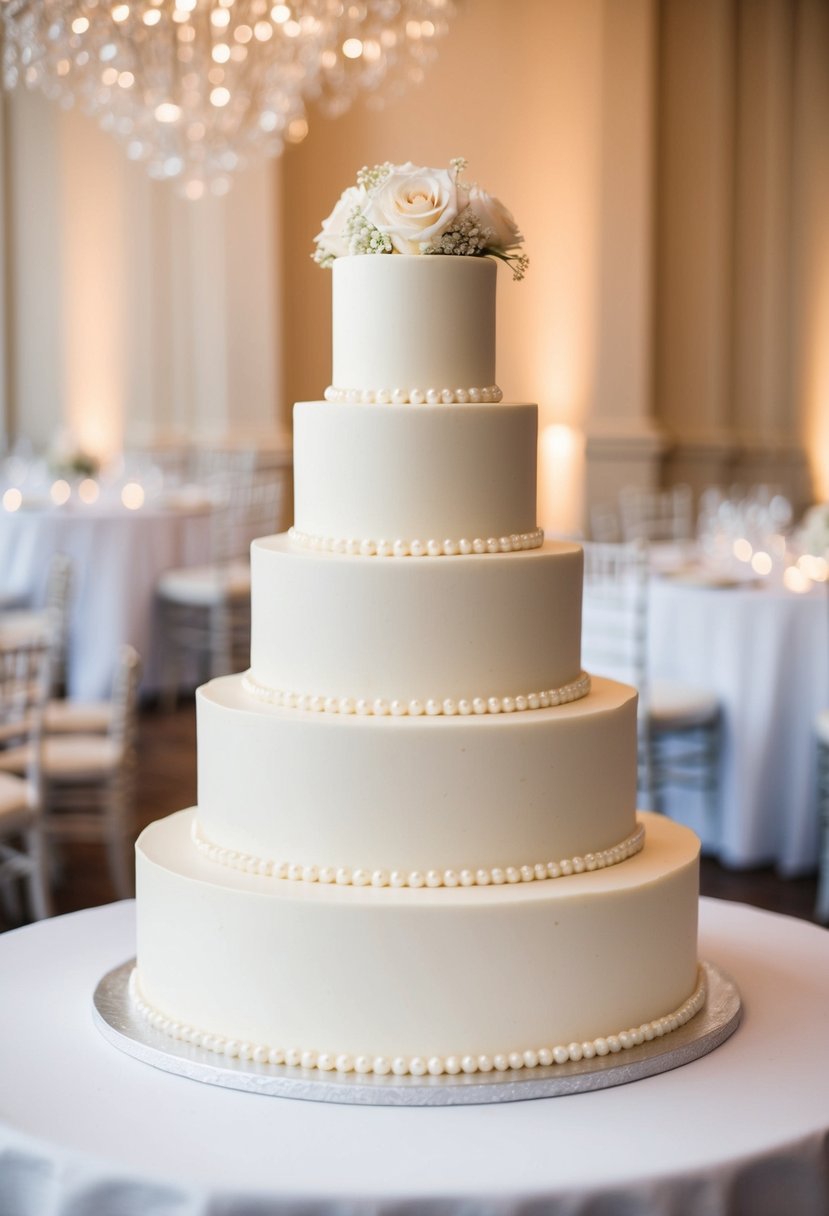 A classic four-tier wedding cake adorned with pearl beading and elegant round layers