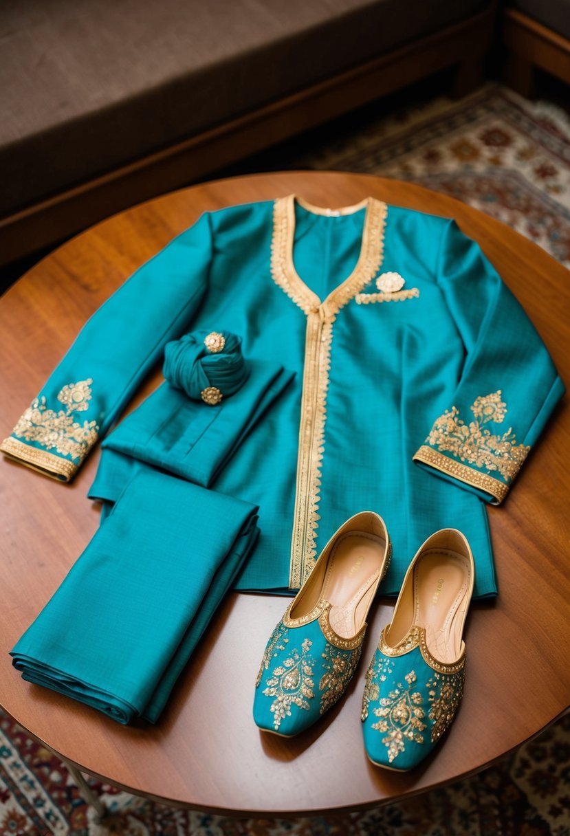 A Pathani suit laid out on a wooden table, paired with matching accessories like a turban and embroidered shoes