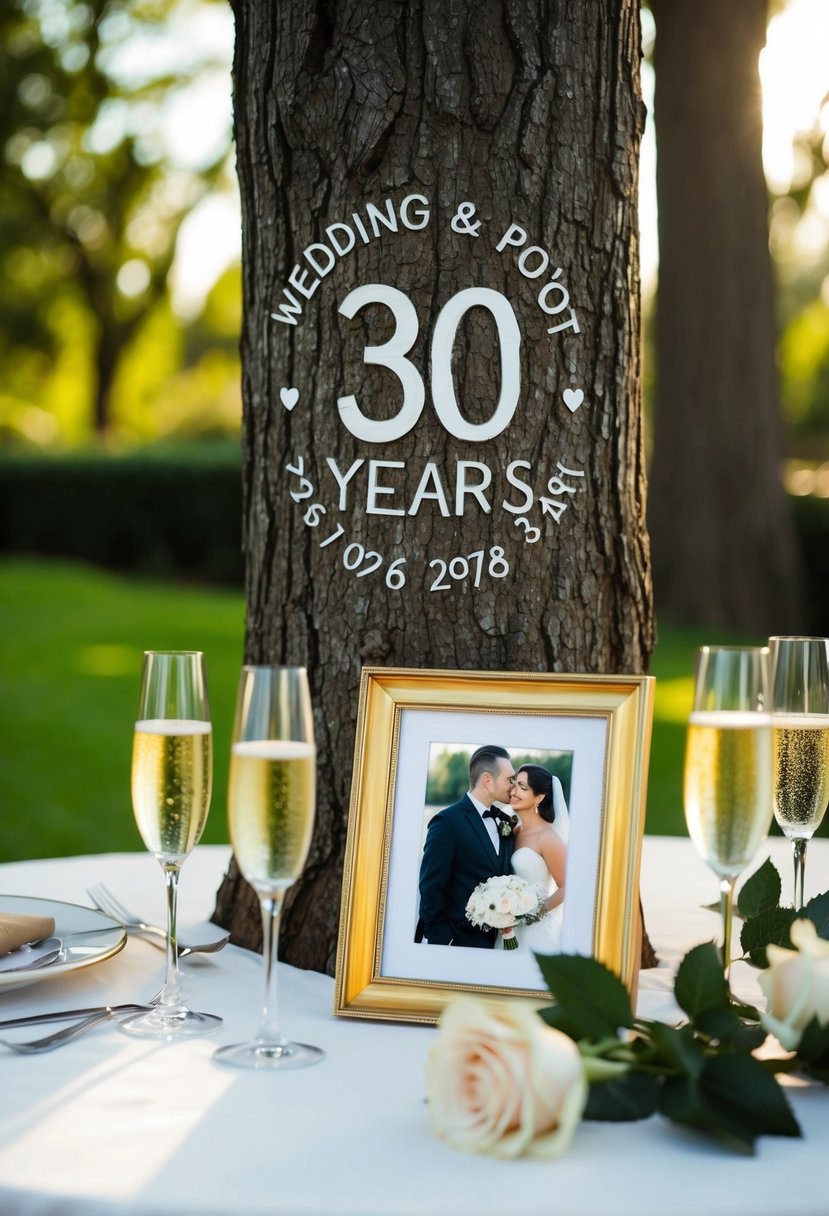 A table set with champagne, roses, and a framed wedding photo. A couple's initials carved into a tree with "30 years" written underneath