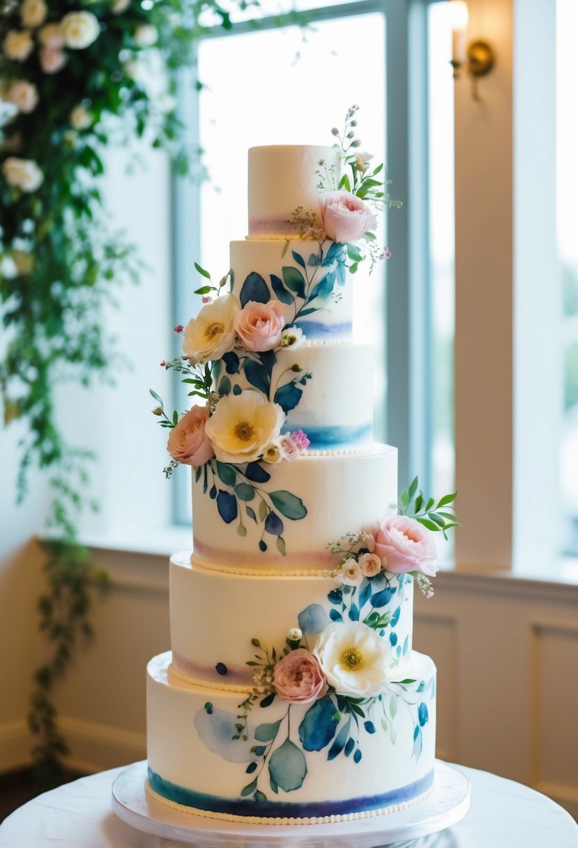 A whimsical floral four-tier wedding cake with watercolor-inspired designs and delicate blooms cascading down each layer