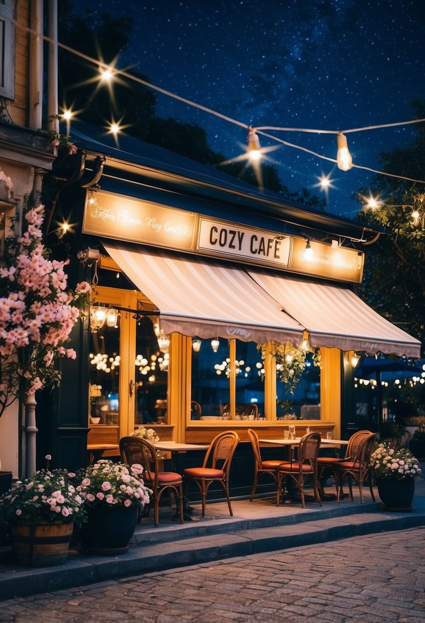 A cozy café with a vintage charm, surrounded by blooming flowers and twinkling lights under the starry night sky