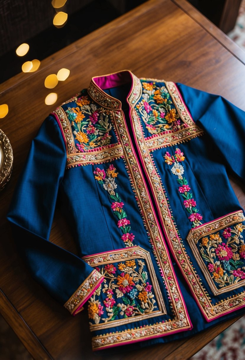 A man's Nehru jacket and kurta laid out on a wooden table, with intricate embroidery and vibrant colors