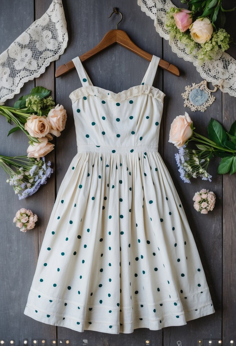 A vintage polka dot dress hangs on a rustic wooden hanger, surrounded by delicate lace and floral accessories