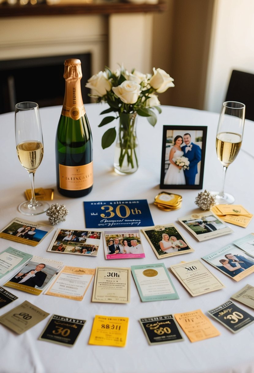 A table adorned with a collection of photos, tickets, and mementos from a 30th wedding anniversary celebration. A champagne bottle and two glasses sit nearby