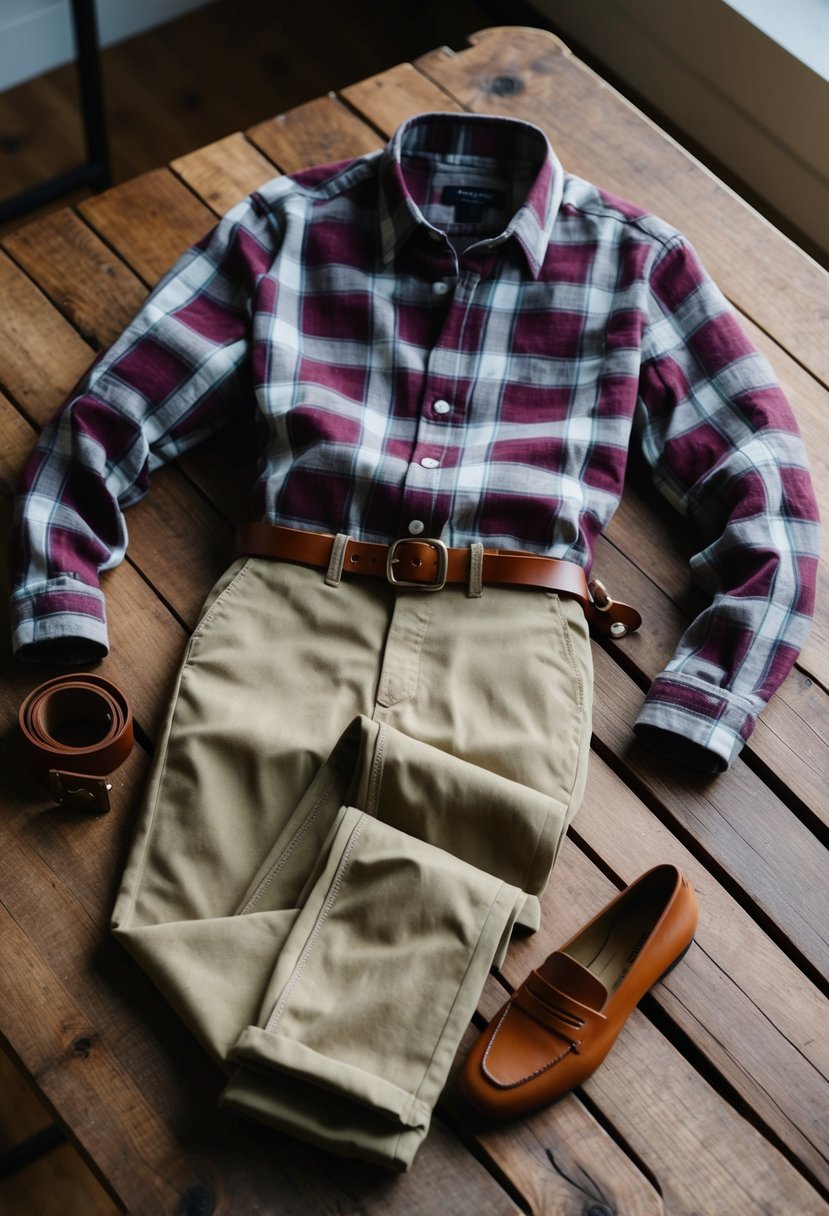 A rustic plaid shirt paired with khaki pants, laid out on a wooden table with a leather belt and brown loafers nearby