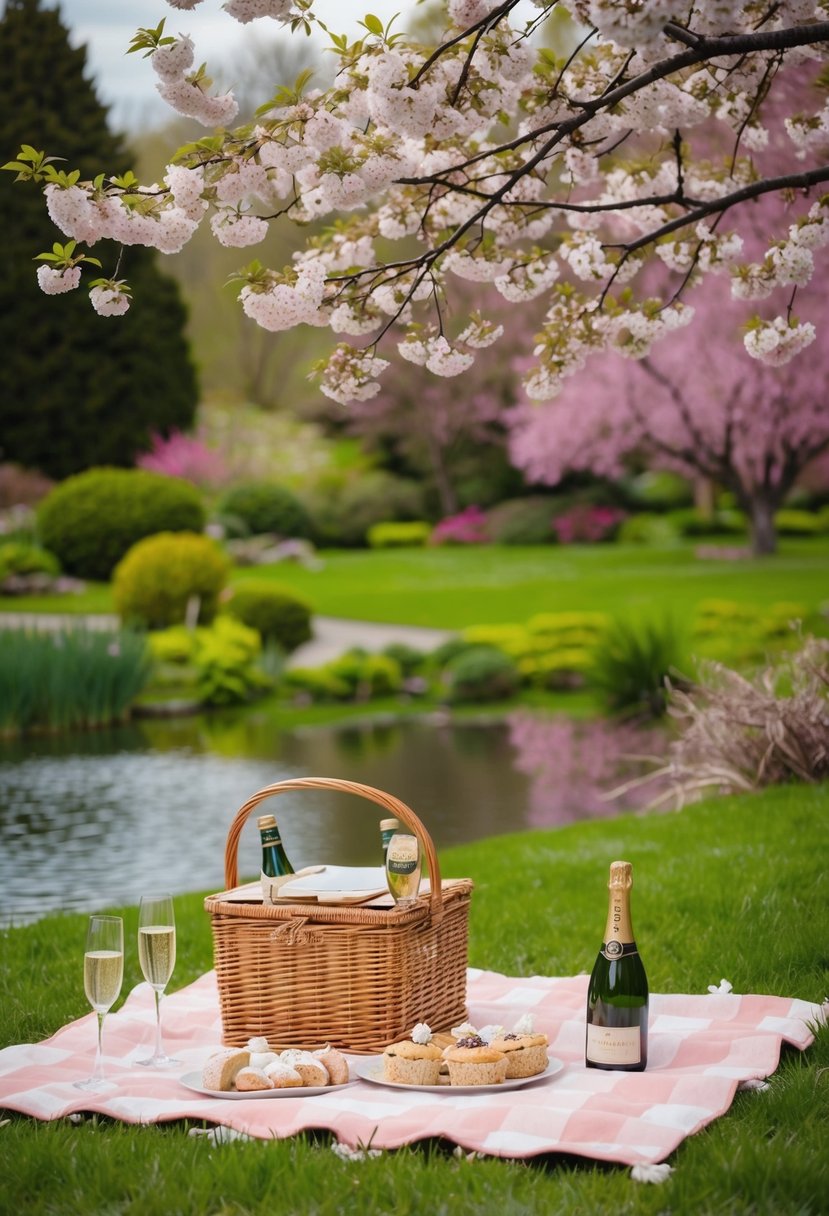 A picnic blanket laid out under a blooming cherry blossom tree, surrounded by lush greenery and a serene pond. A wicker basket filled with gourmet treats and a bottle of champagne set the scene for a romantic 30th wedding anniversary celebration