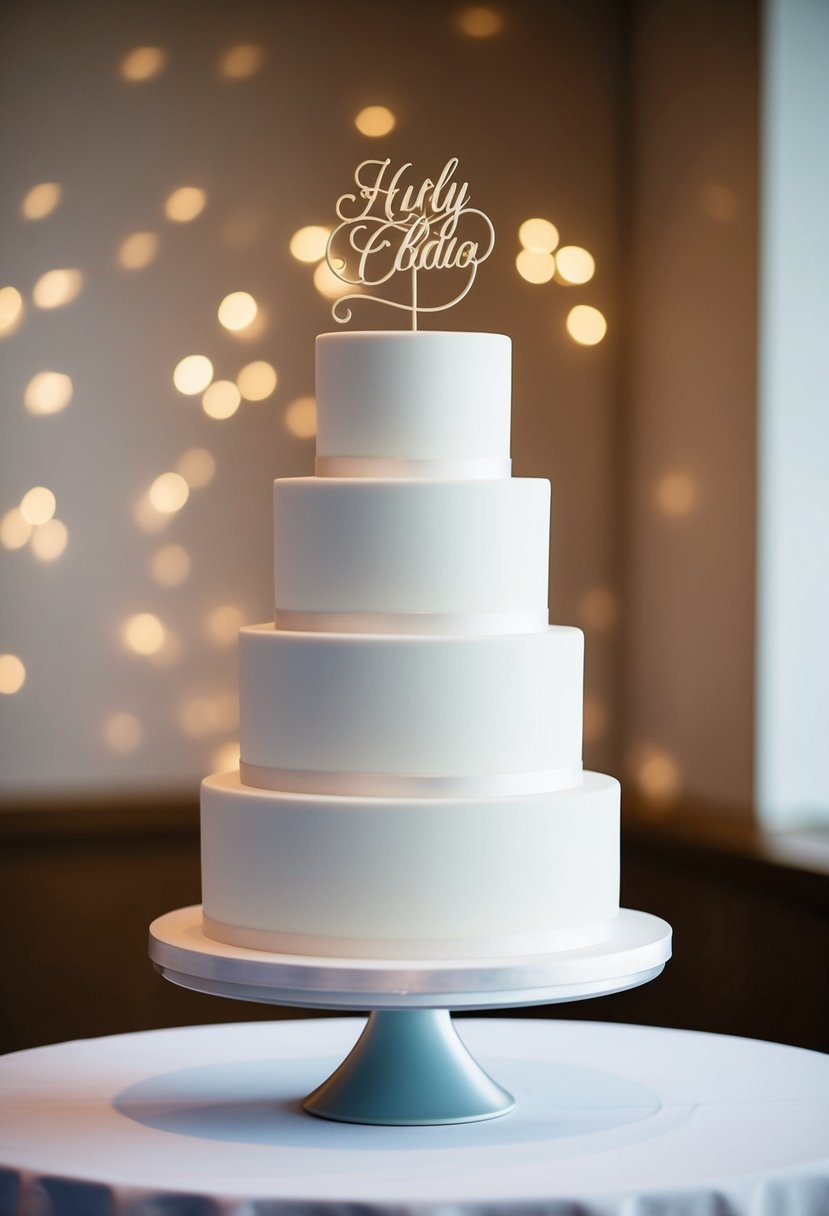 A sleek, four-tiered wedding cake with clean lines and a modern topper sits on a simple, elegant display stand