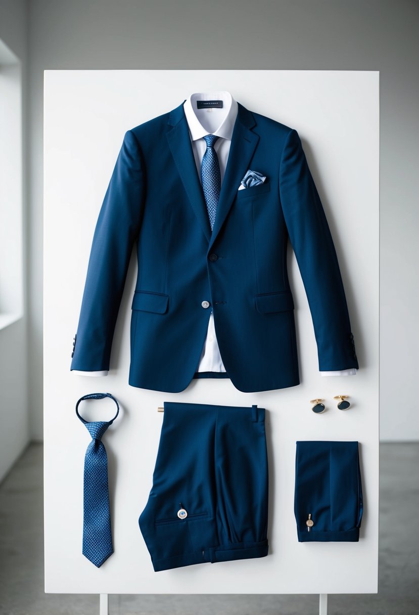 A modern two-piece suit laid out on a clean, minimalist background with accessories such as a tie, cufflinks, and pocket square