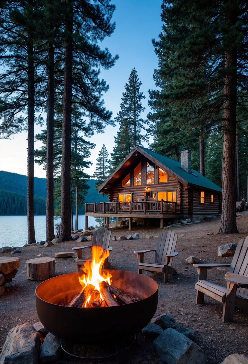 A rustic cabin nestled among tall pine trees, with a crackling fire pit and a serene lake in the background