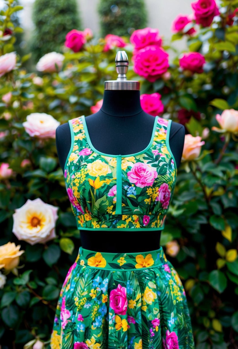 A colorful garden-themed crop top and skirt set, adorned with vibrant flowers and greenery, set against a backdrop of blooming roses and lush foliage