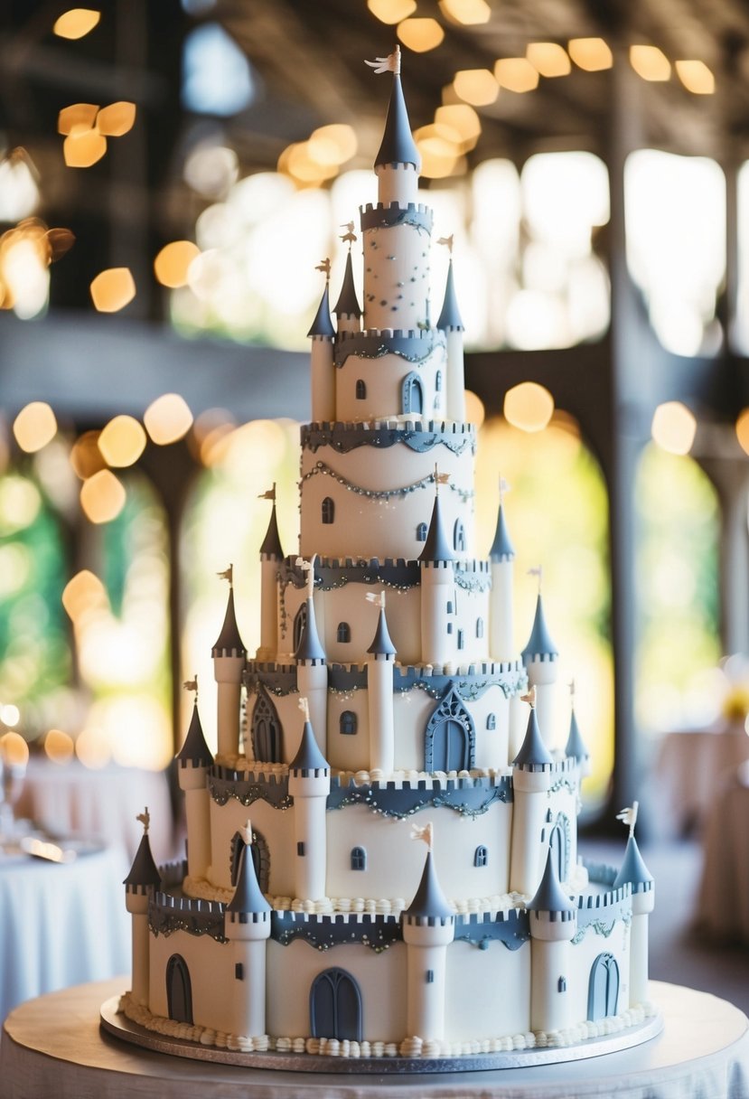 A majestic fairytale castle wedding cake with four tiers, adorned with intricate details and delicate sugar sculptures