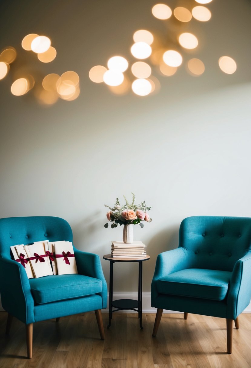 A cozy living room with two chairs facing each other, a small table between them with a vase of flowers, and a stack of love letters tied with a ribbon