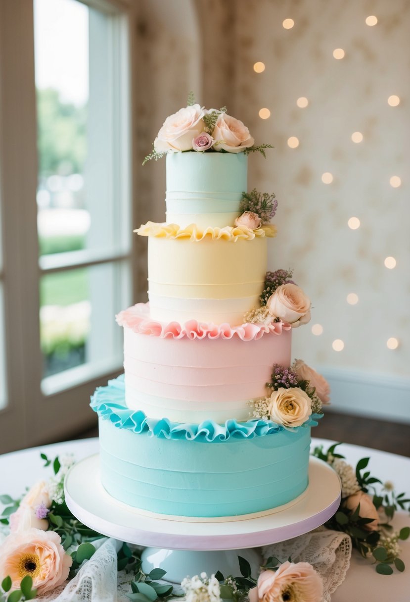 A four-tier wedding cake with pastel ombre layers and ruffle edges sits on a table adorned with floral arrangements and delicate lace