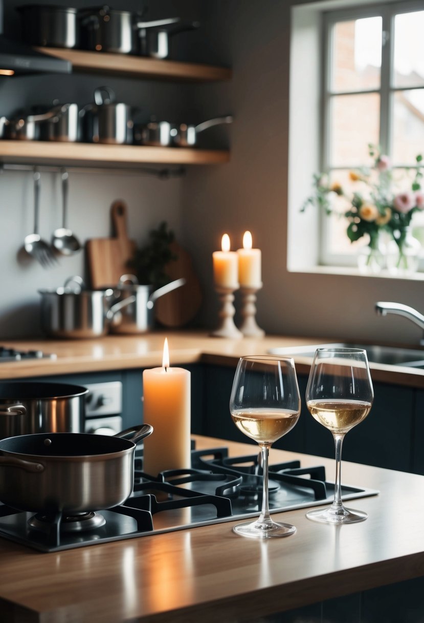 A cozy kitchen with pots and pans on the stove, a table set with candles and flowers, and two pairs of wine glasses ready to be filled