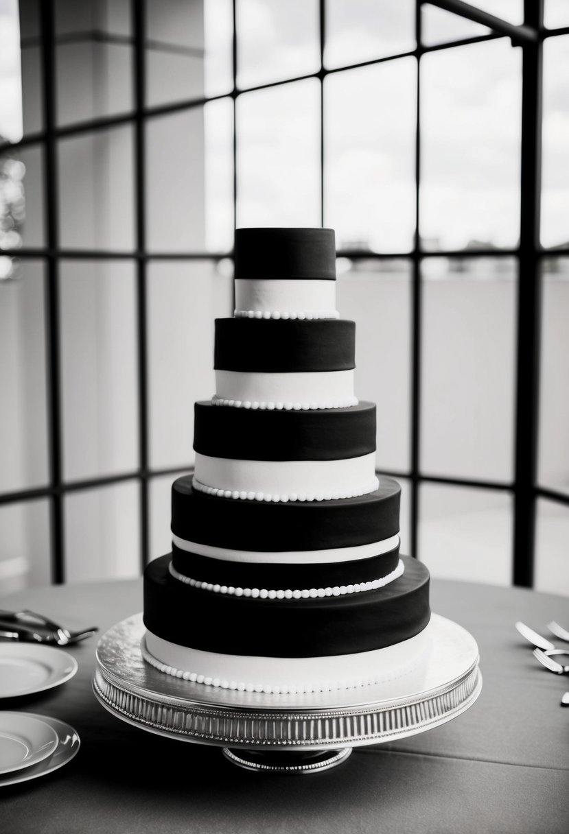 A bold black and white four-tier wedding cake stands against a stark backdrop, with sharp contrasts and intricate details