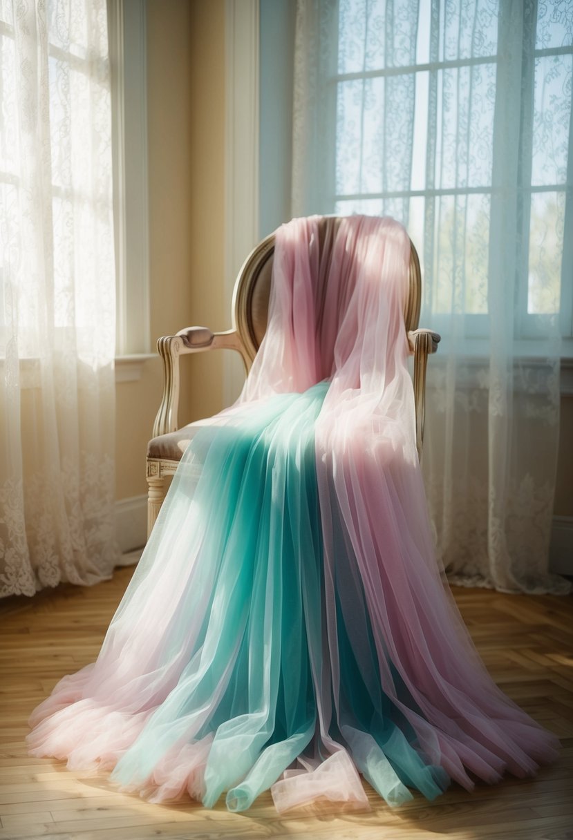 A soft, flowing tulle skirt in pastel colors, draped over a vintage chair in a sunlit room with lace curtains