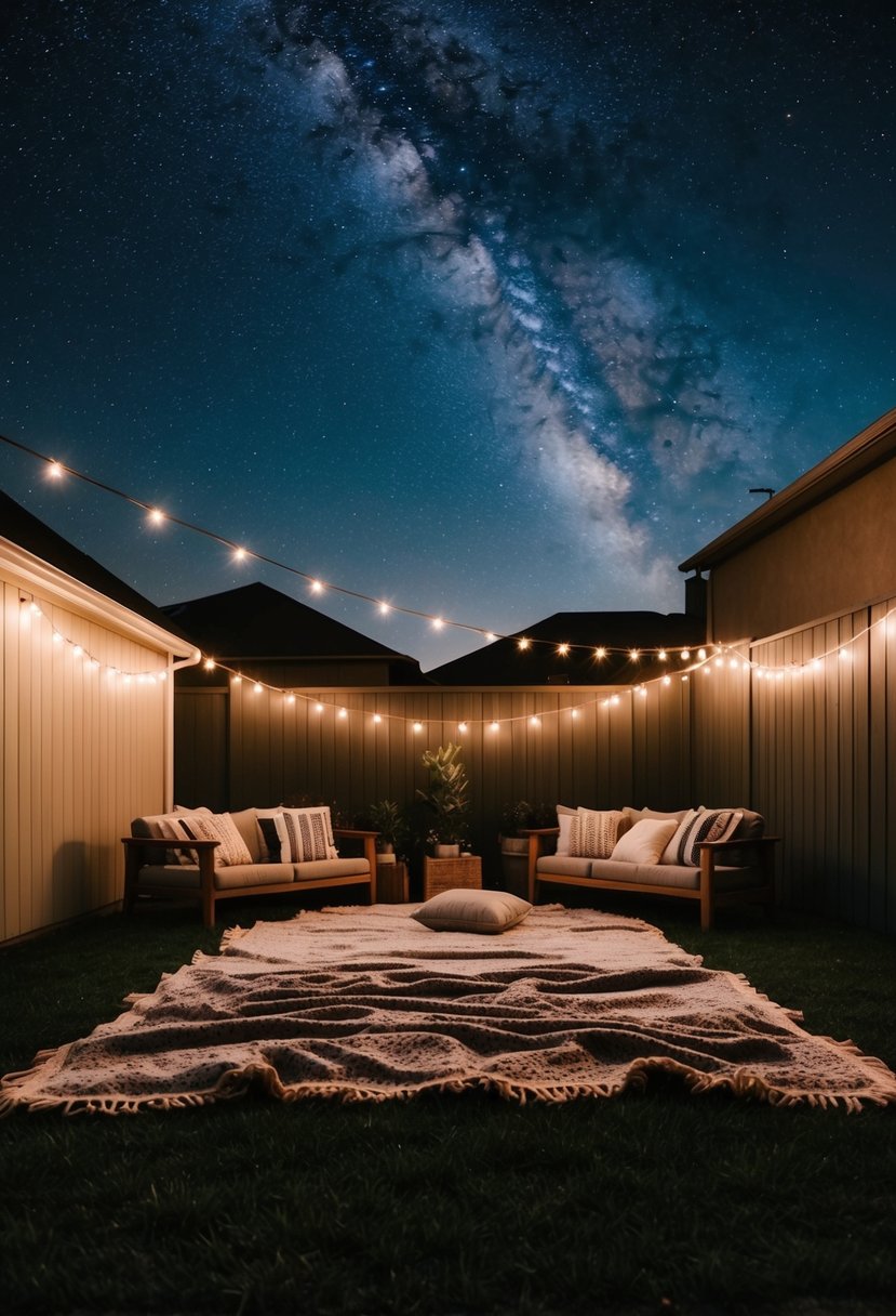 A cozy backyard with blankets spread out, under a starry night sky