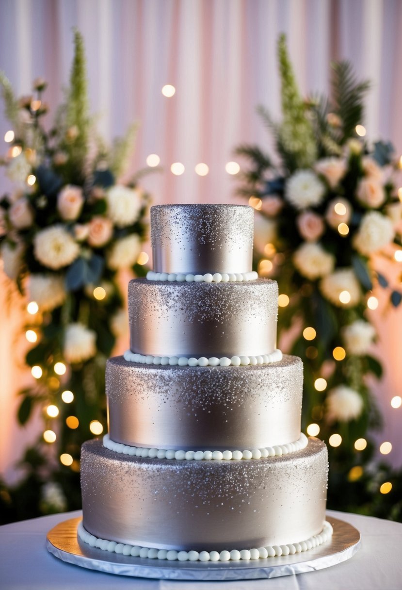 A four-tiered metallic wedding cake adorned with edible glitter, set against a backdrop of elegant floral arrangements and twinkling fairy lights