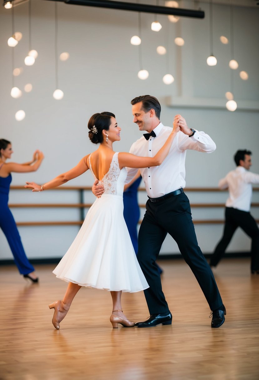 A couple gracefully moves across a studio, following the instructor's lead in a dance class for their 30th wedding anniversary