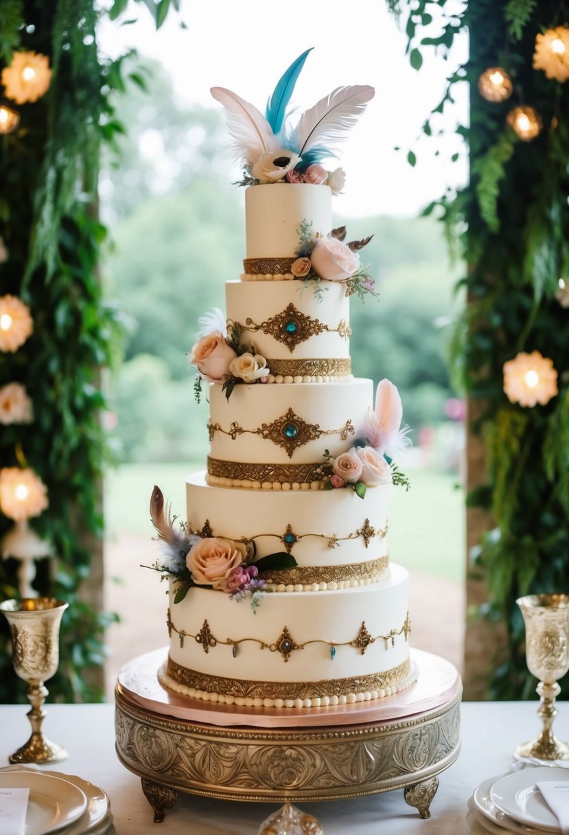 A bohemian-themed four-tier wedding cake adorned with edible feathers, flowers, and intricate designs, set against a backdrop of lush greenery and vintage decor