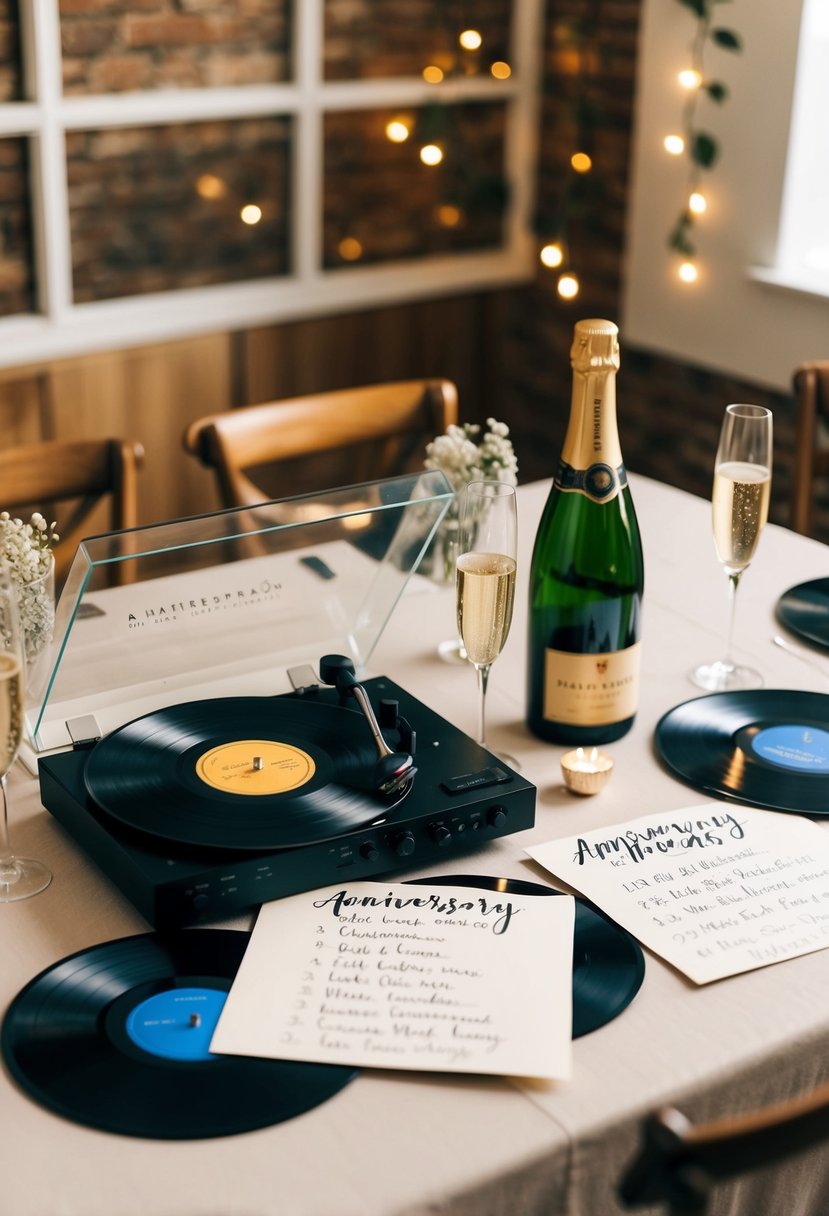 A table set with vintage vinyl records, a record player, and a handwritten playlist of songs, surrounded by anniversary decorations and a bottle of champagne