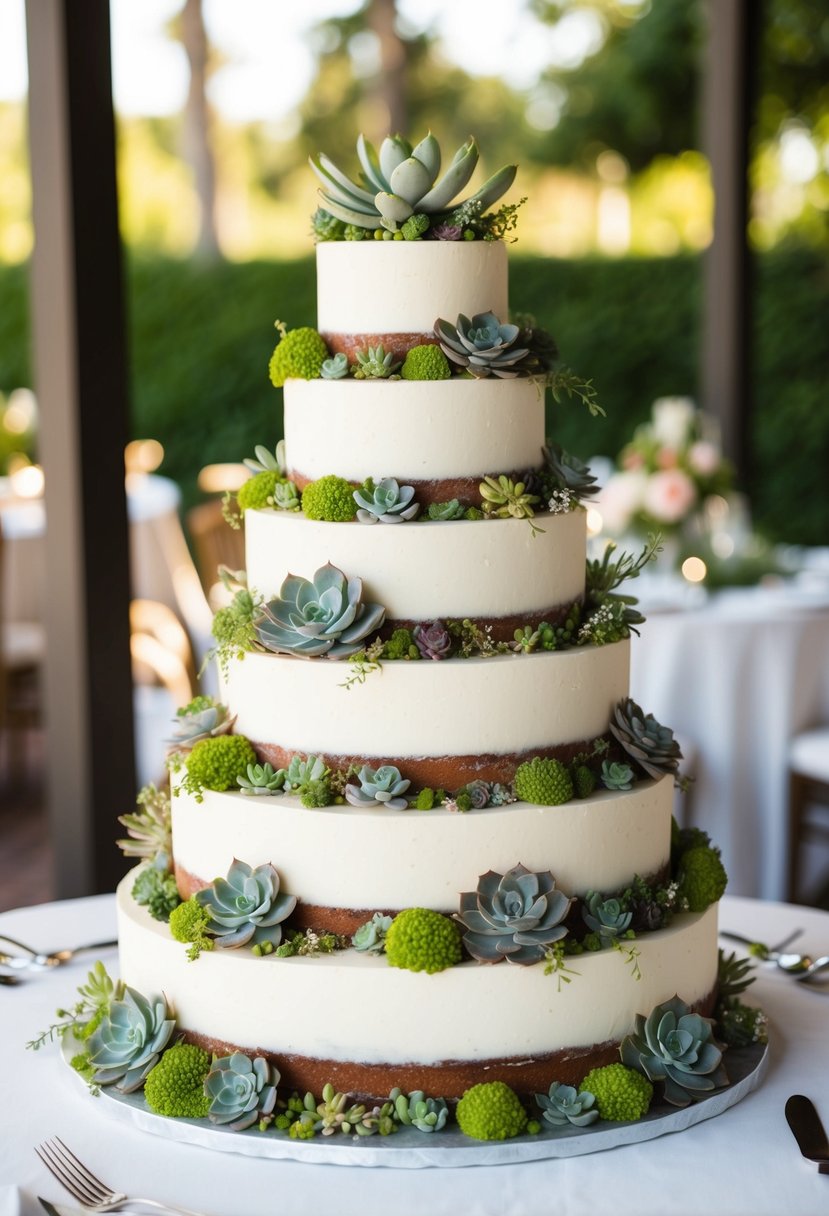 A four-tier wedding cake adorned with succulents and garden-inspired elements, such as flowers and greenery, sits elegantly on a table