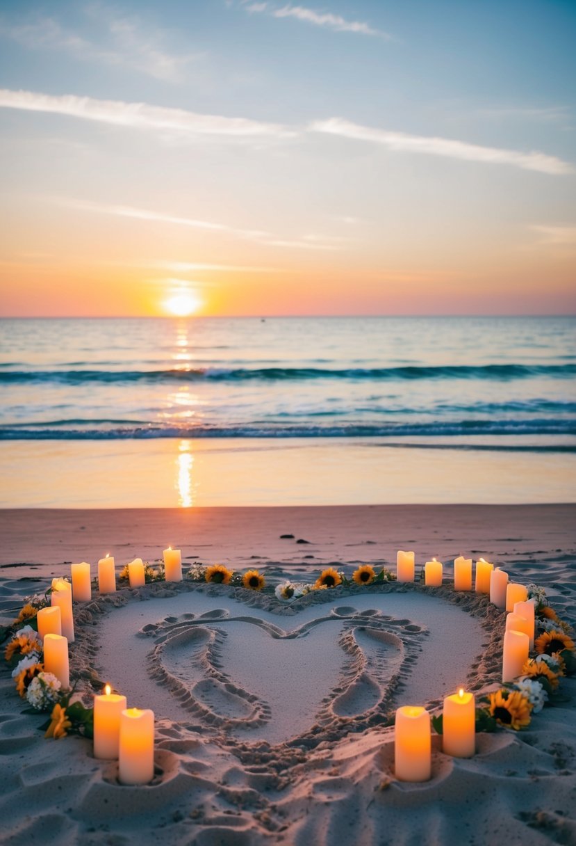 A serene beach at sunset with two sets of footprints leading to a heart drawn in the sand, surrounded by candles and flowers