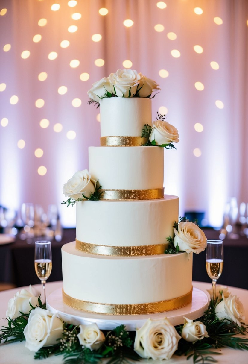 A three-tiered wedding cake adorned with white roses and gold accents, set on a table with champagne glasses and a backdrop of romantic lighting