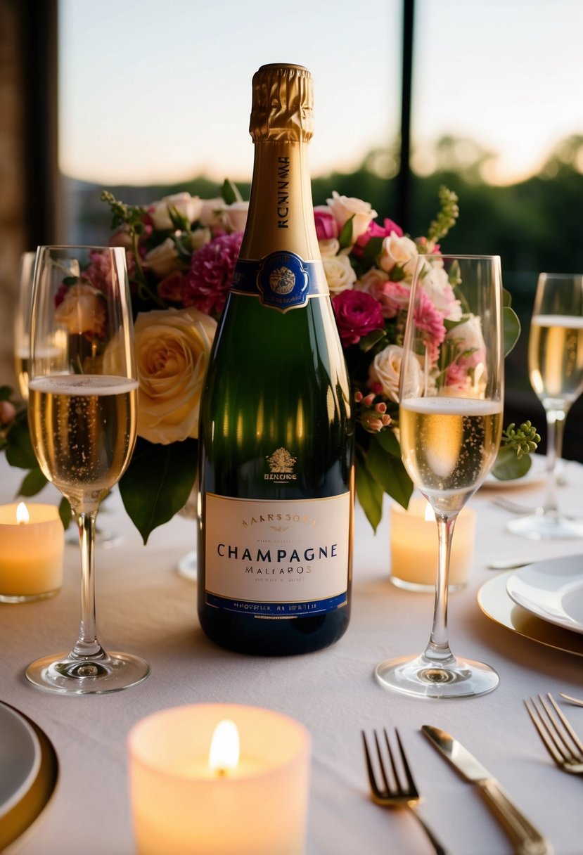 A beautifully set table with a champagne bottle, two glasses, and a bouquet of flowers, all surrounded by soft candlelight