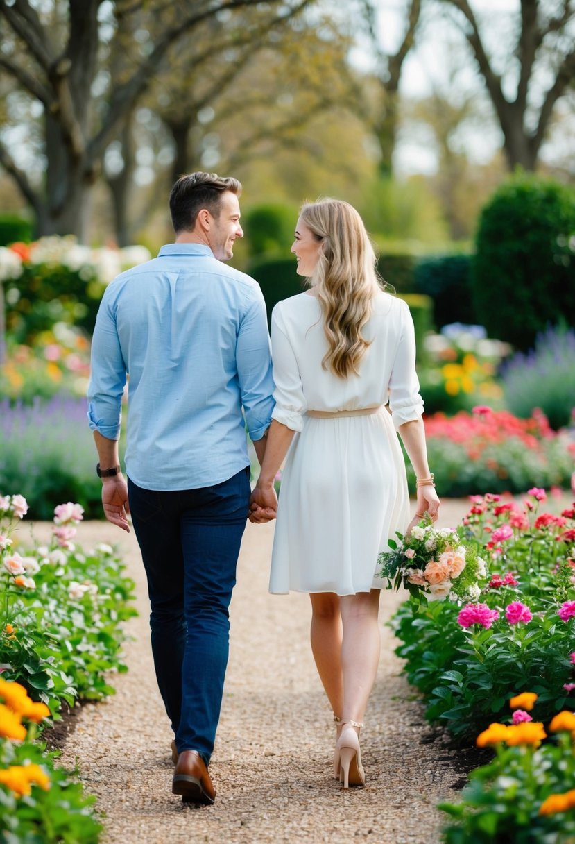 A couple strolling through a blooming garden, holding hands