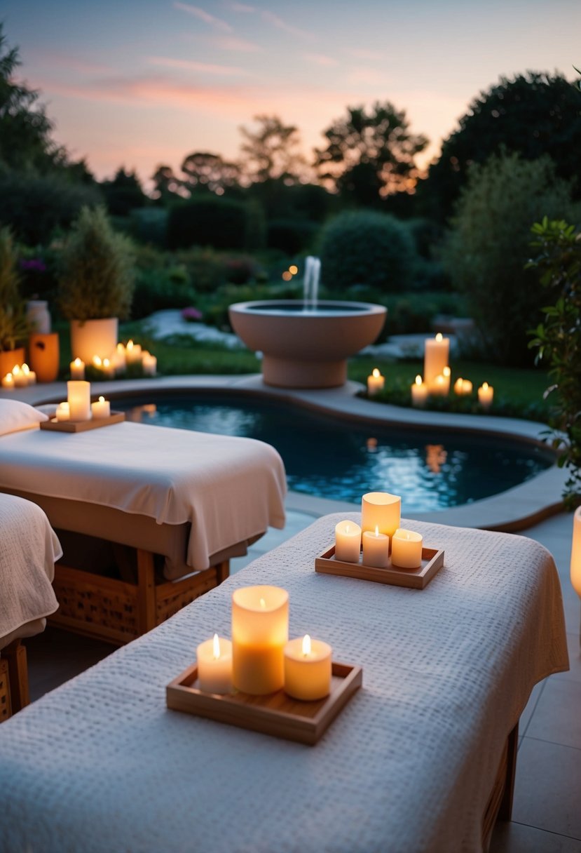 A serene spa with two massage tables surrounded by candles and soft lighting, overlooking a peaceful garden or tranquil water feature