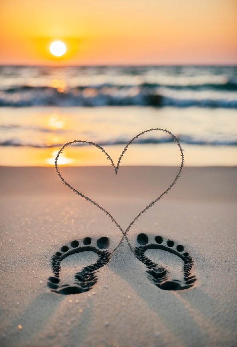 A couple's footprints in the sand leading towards the setting sun, with a heart drawn around them