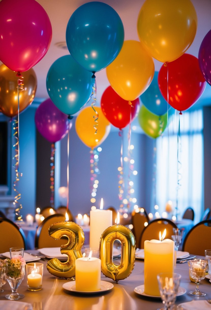 Colorful balloons and flickering candles adorn the room, creating a festive atmosphere for a 30th wedding anniversary celebration