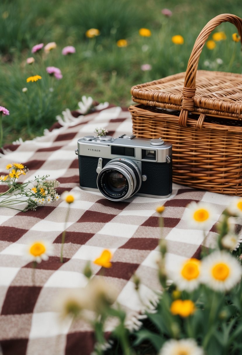 A vintage picnic setting with a checkered blanket, wicker basket, old-fashioned camera, and wildflowers scattered around