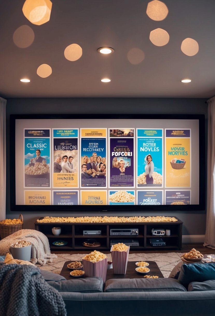 A cozy living room with a large screen showing a lineup of classic movie posters, surrounded by popcorn, snacks, and cozy blankets