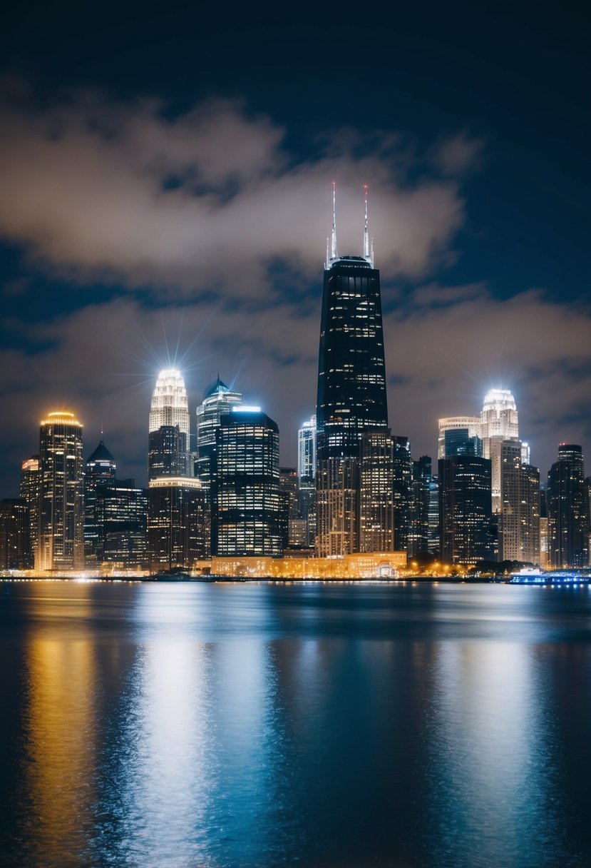 A city skyline at night with glowing skyscrapers and twinkling lights reflecting off the water