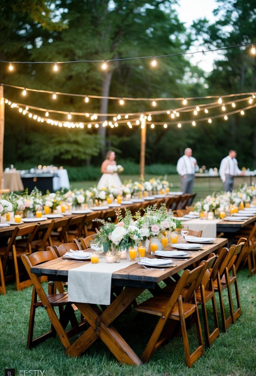 A festive outdoor wedding reception with a rustic BBQ spread, string lights, and floral centerpieces